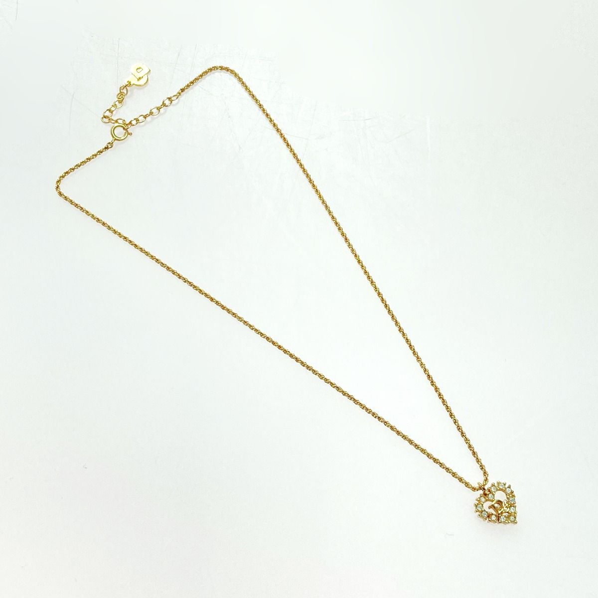 Christian Dior Logo Heart Rhinestone Necklace Gold GP — view 3