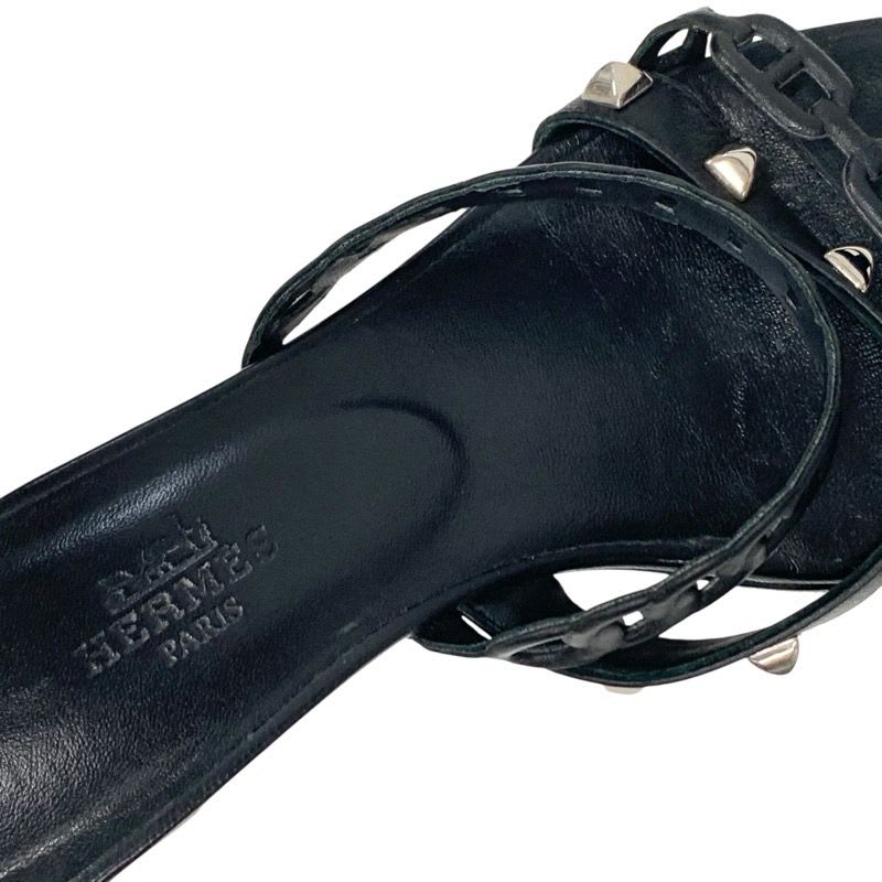 Hermes Aggaccio Sandals Shoes Leather Black Silver Chaine D'ancre Studded Mules — view 7