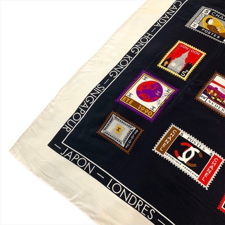 Chanel CC Logo Large Scarf Silk Worl Pattern Black Red White — view 3