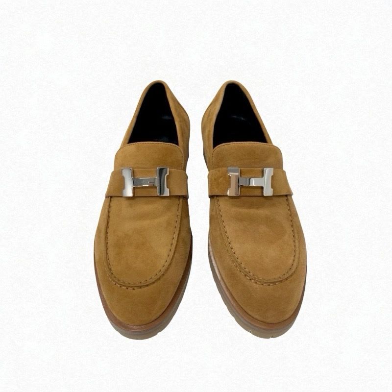 Hermes Faubourg Loafer Leather Shoes Suede Brown Silver Hhardware Moccasin Flat — view 2