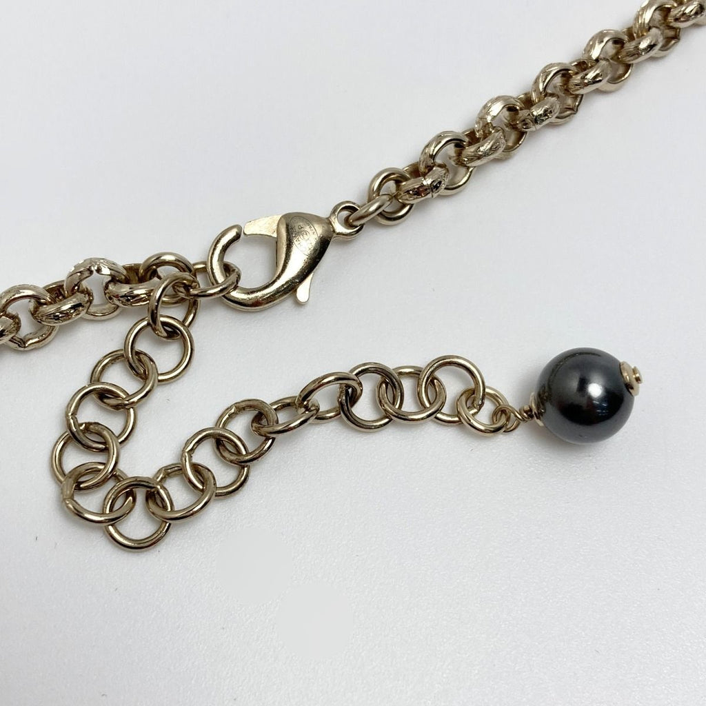 Chanel Coco Mark Rhinestone Faux Pearl Necklace C23 P Champagne Gold Black — view 4