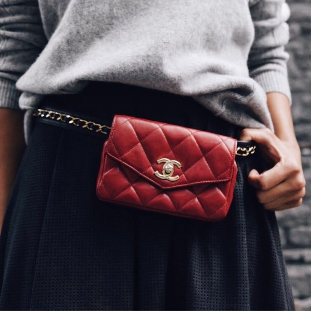 Chanel CC Vintage Quilted Lambskin Waist Pouch Bum Bag Leather Red — view 3