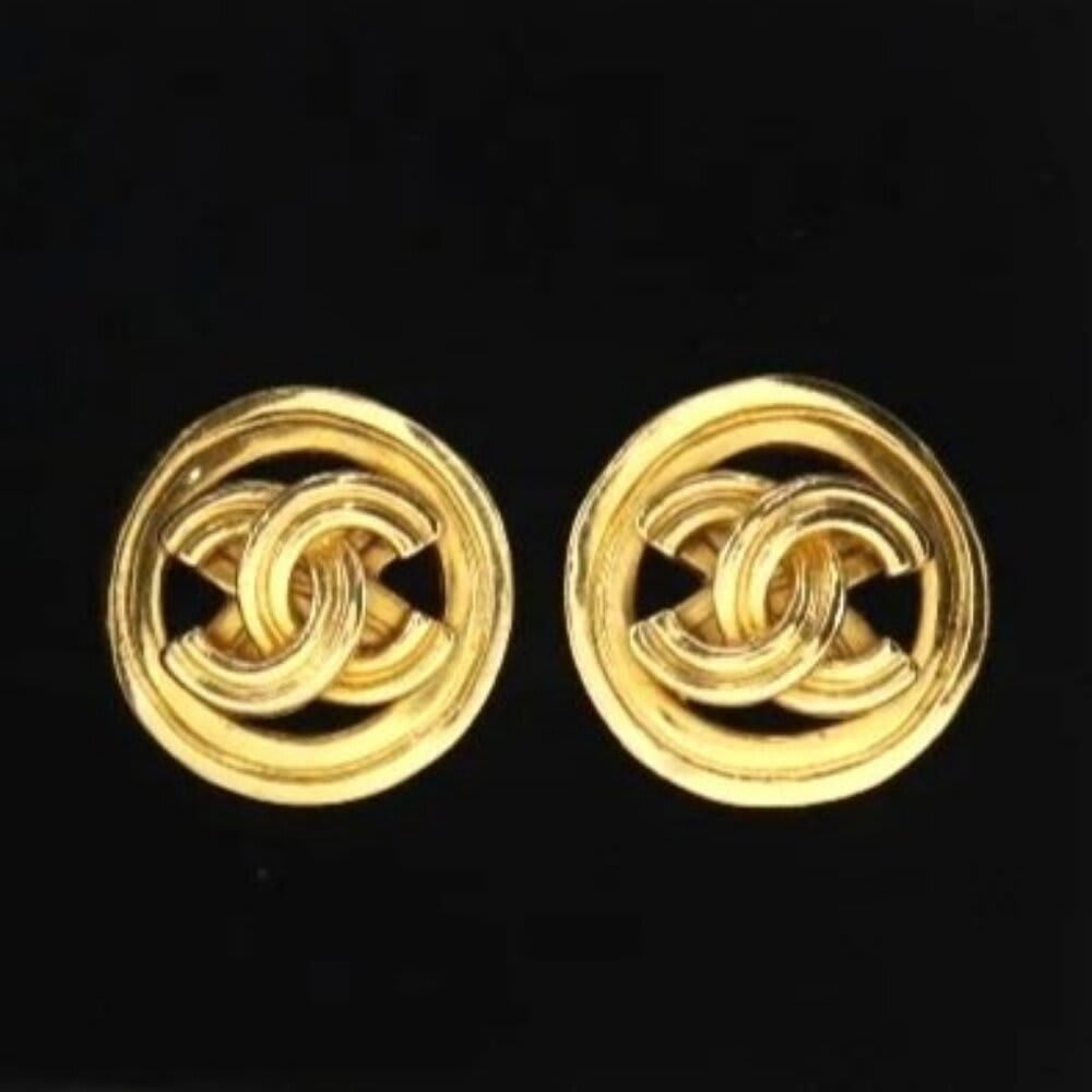 Chanel 24K Earrings Vintage CC Gold Plated Clip-On Round Medallion Logo 1996 96 — view 6