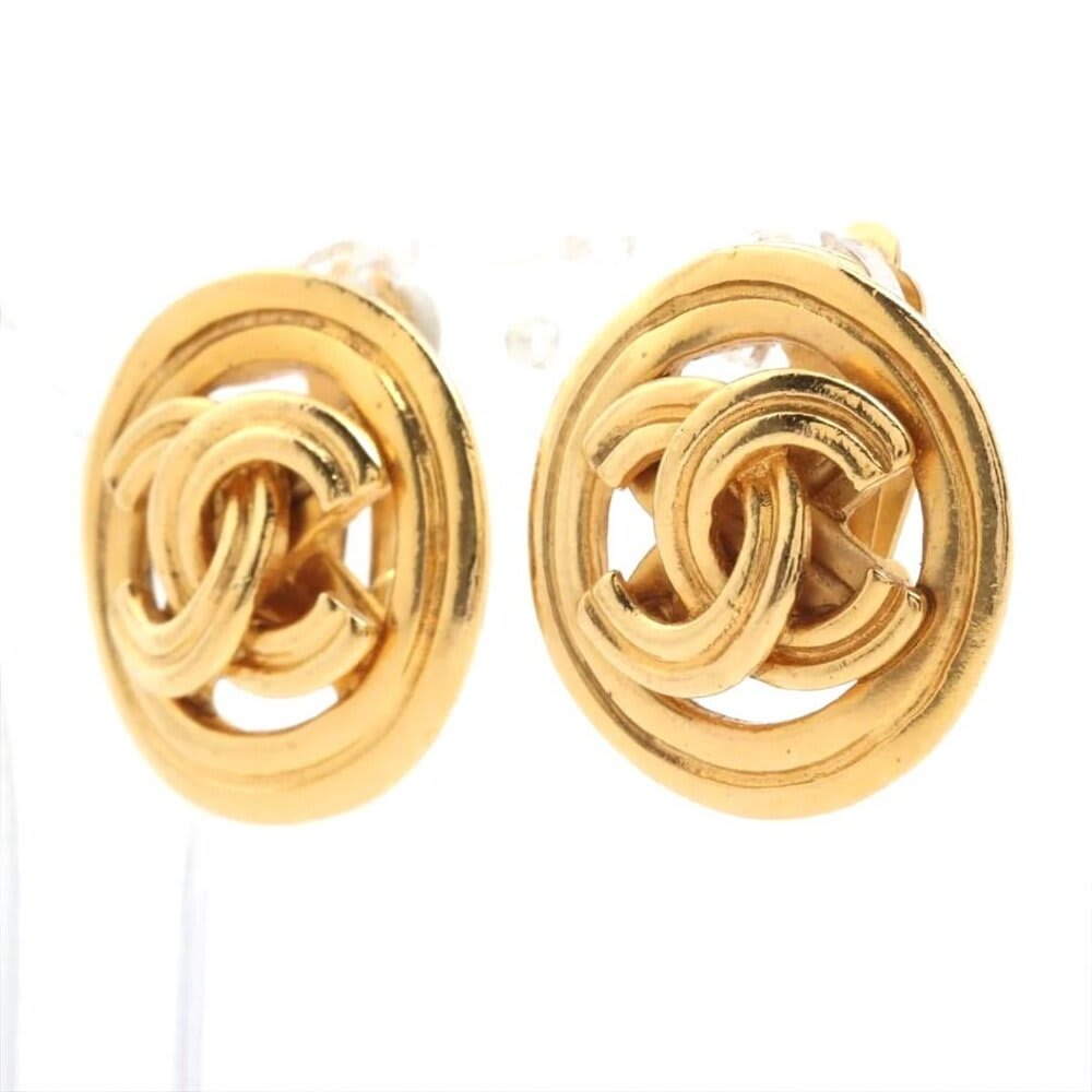 Chanel 24K Earrings Vintage CC Gold Plated Clip-On Round Medallion Logo 1996 96 — view 4