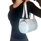 Chanel CC Chocolate Bar Quilted Leather Bowler Shoulder Bag Purse Blue — view 4