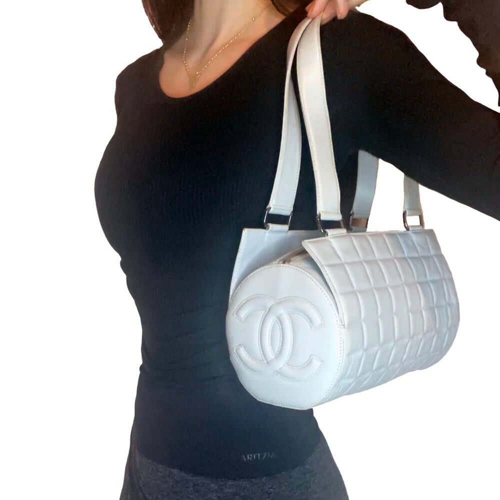 Chanel CC Chocolate Bar Quilted Leather Bowler Shoulder Bag Purse Blue — view 4