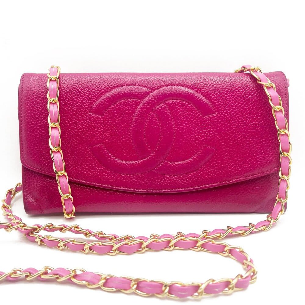Chanel Caviar Classic Leather Wallet Chain Flap Pink Purse Crossbody — view 6