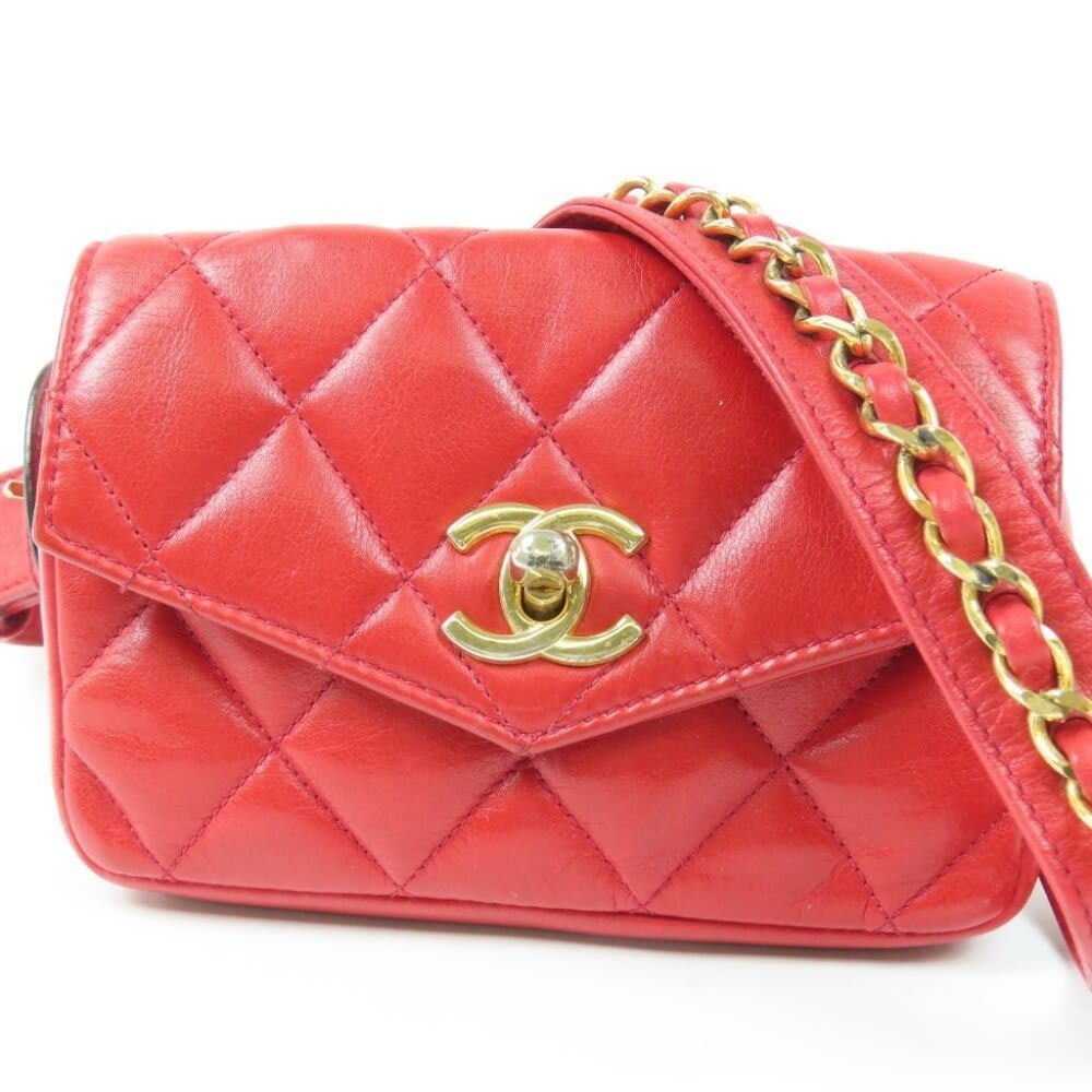Chanel CC Vintage Quilted Lambskin Waist Pouch Bum Bag Leather Red — view 4