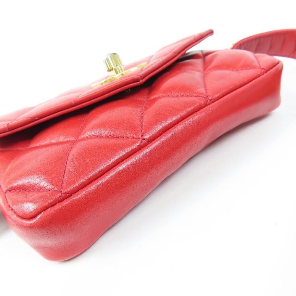 Chanel CC Vintage Quilted Lambskin Waist Pouch Bum Bag Leather Red — view 8