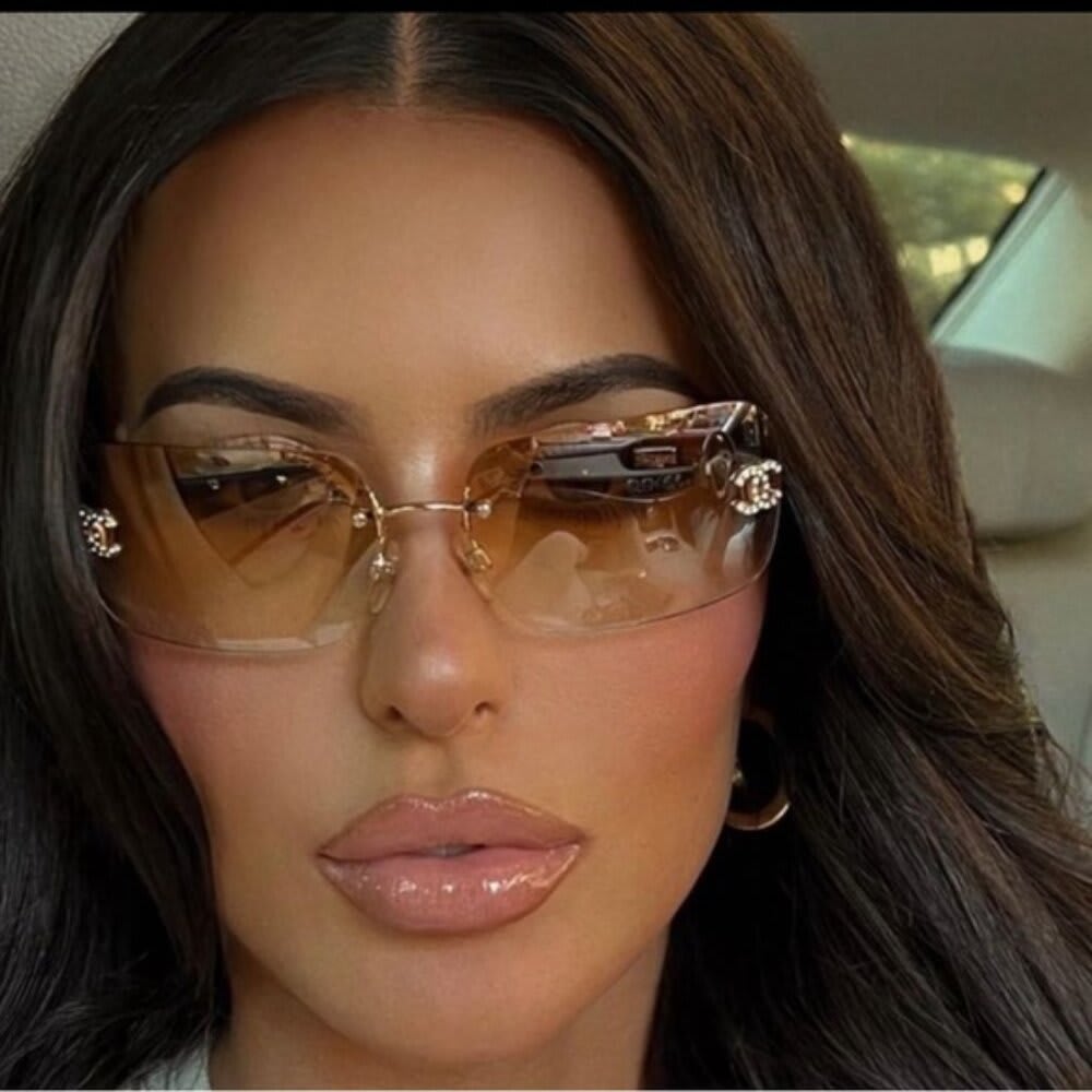Chanel Vintage Sunglasses Rhinestone CC Logo Rimless Gradient Gold Tint — view 4