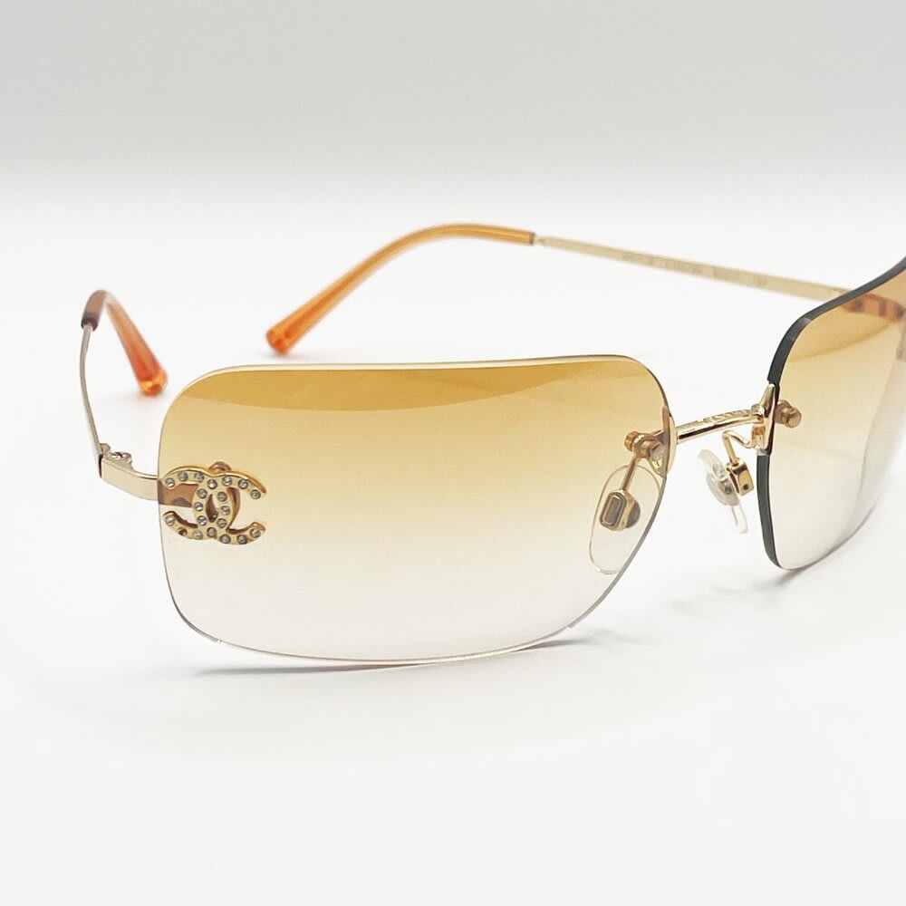Chanel Vintage Sunglasses Rhinestone CC Logo Rimless Gradient Gold Orange — view 9