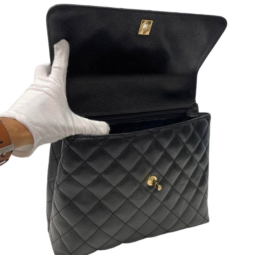 Chanel 24K CC Caviar Vintage Kelly Quilted Flap Bag Black Purse Handle — view 9