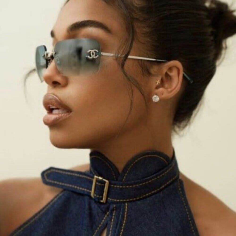 Chanel Vintage Sunglasses Rhinestone Crystal CC Logo Rimless Gradient Blue — view 3
