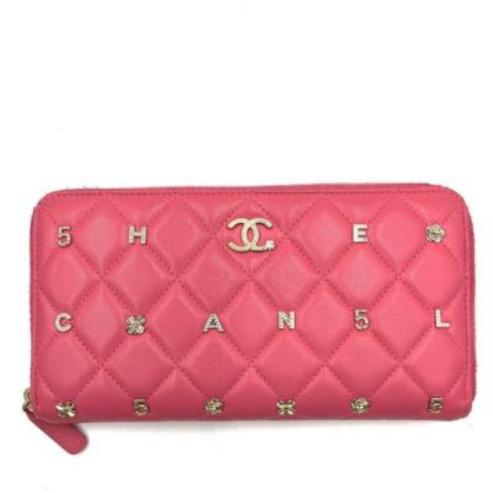 Chanel Pink Lambskin Rhinestone Quilted Long Wallet Lucky Charm Camellia — view 3
