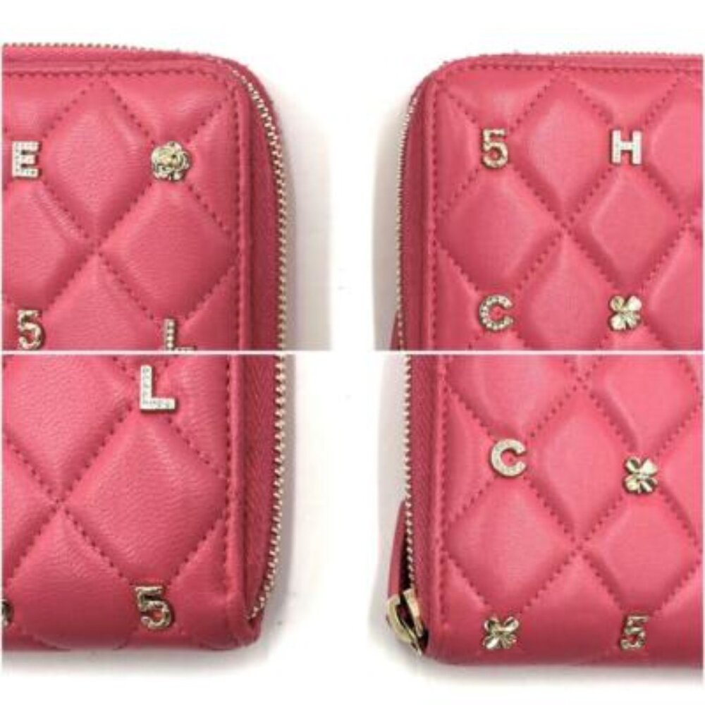 Chanel Pink Lambskin Rhinestone Quilted Long Wallet Lucky Charm Camellia — view 7