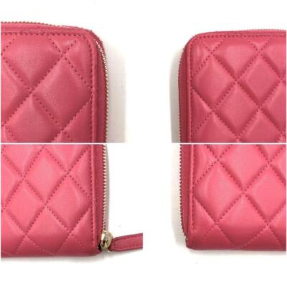 Chanel Pink Lambskin Rhinestone Quilted Long Wallet Lucky Charm Camellia — view 8