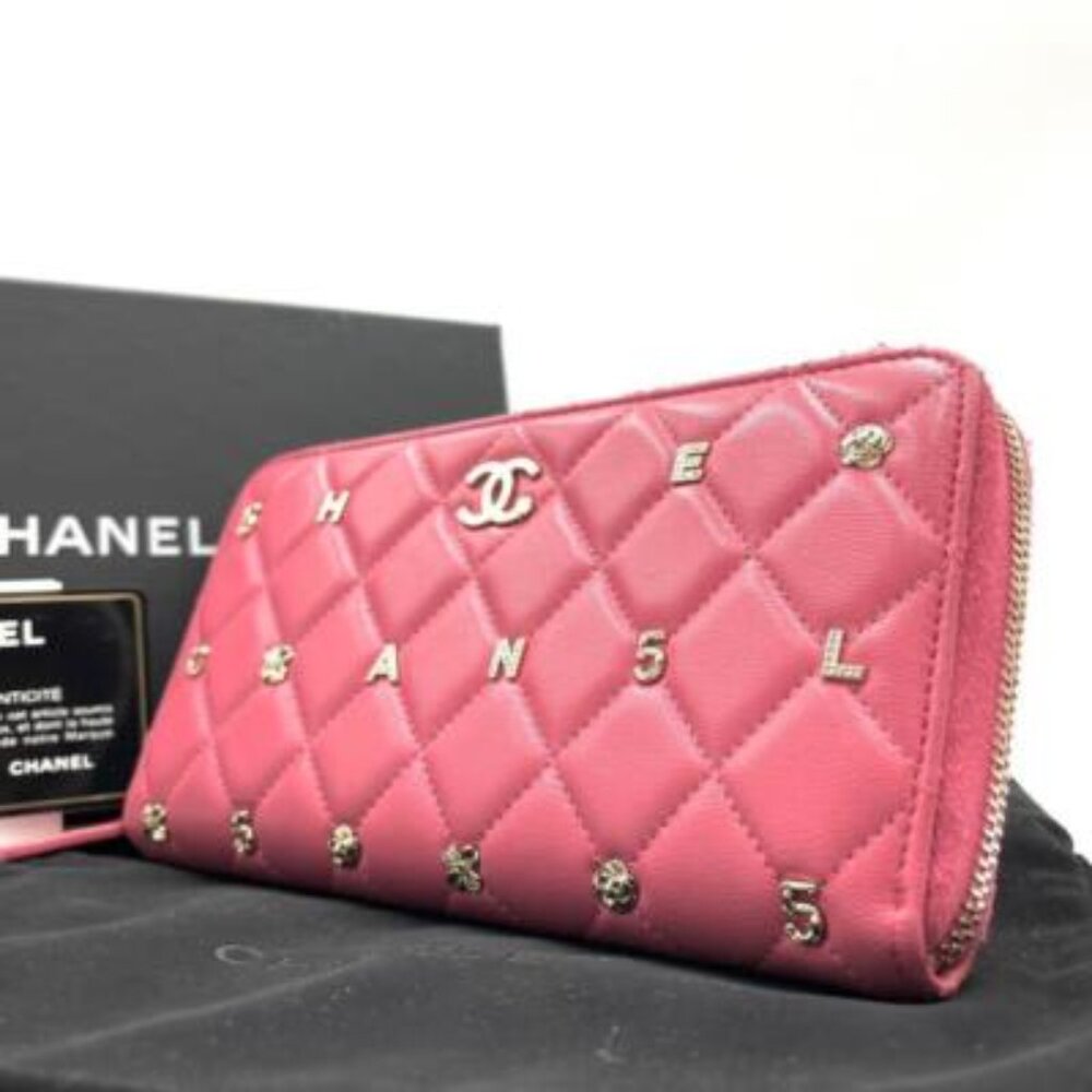 Chanel Pink Lambskin Rhinestone Quilted Long Wallet Lucky Charm Camellia — view 5
