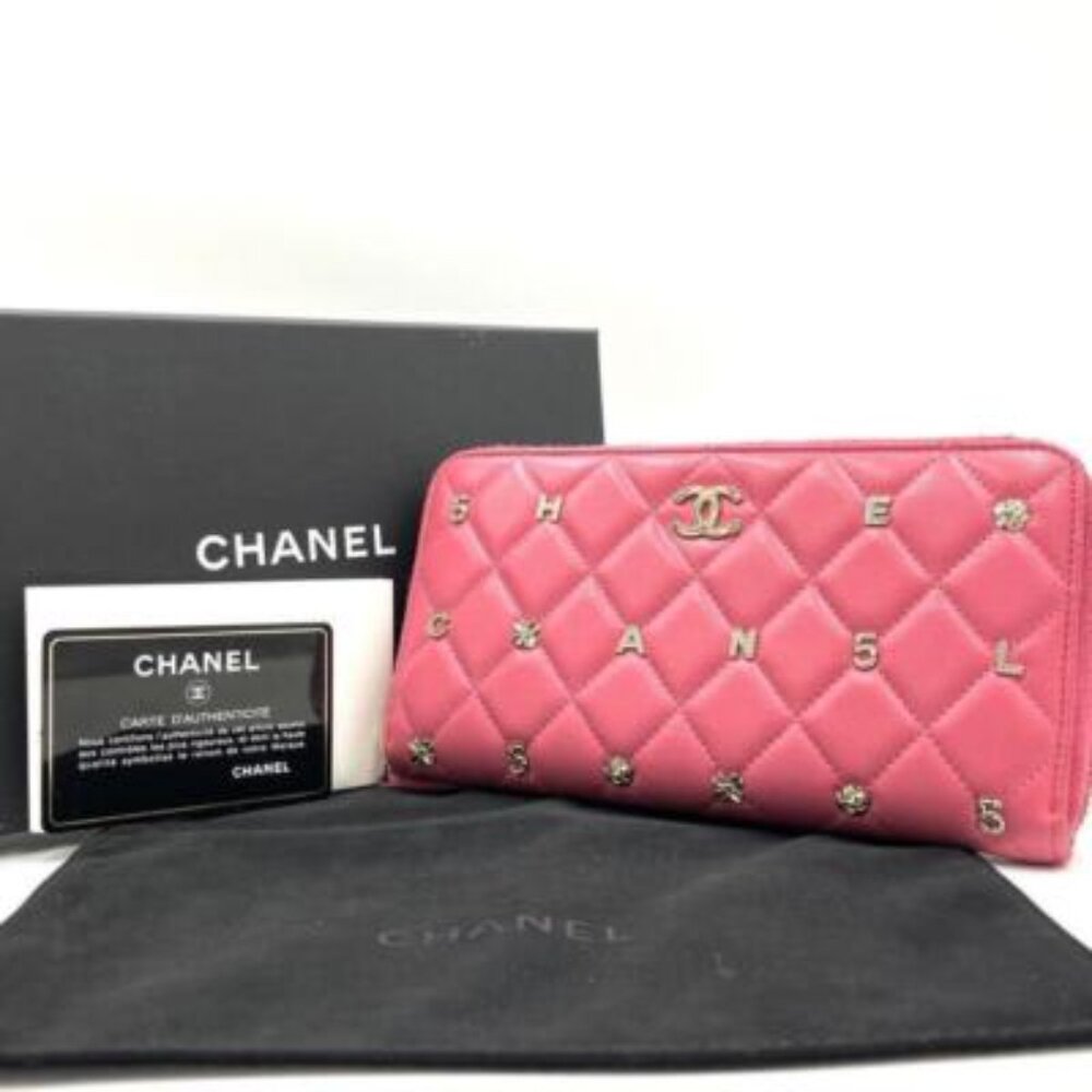 Chanel Pink Lambskin Rhinestone Quilted Long Wallet Lucky Charm Camellia — view 4