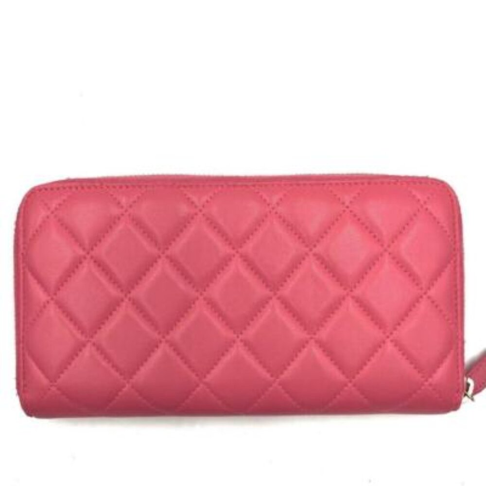 Chanel Pink Lambskin Rhinestone Quilted Long Wallet Lucky Charm Camellia — view 6