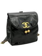Chanel CC Vintage Backpack Bag Patent Leather Black Turnlock Chain