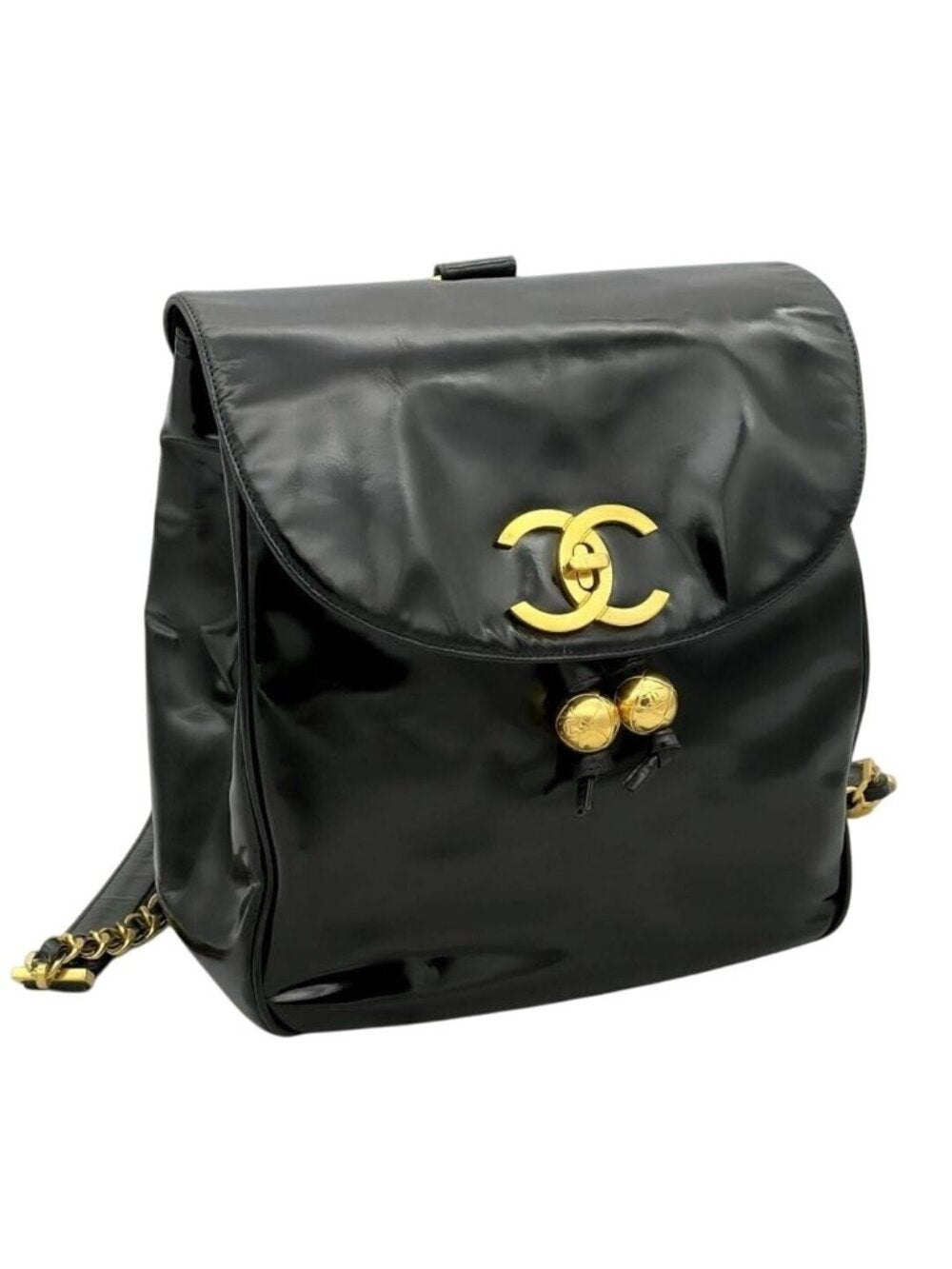 Chanel CC Vintage Backpack Bag Patent Leather Black Turnlock Chain