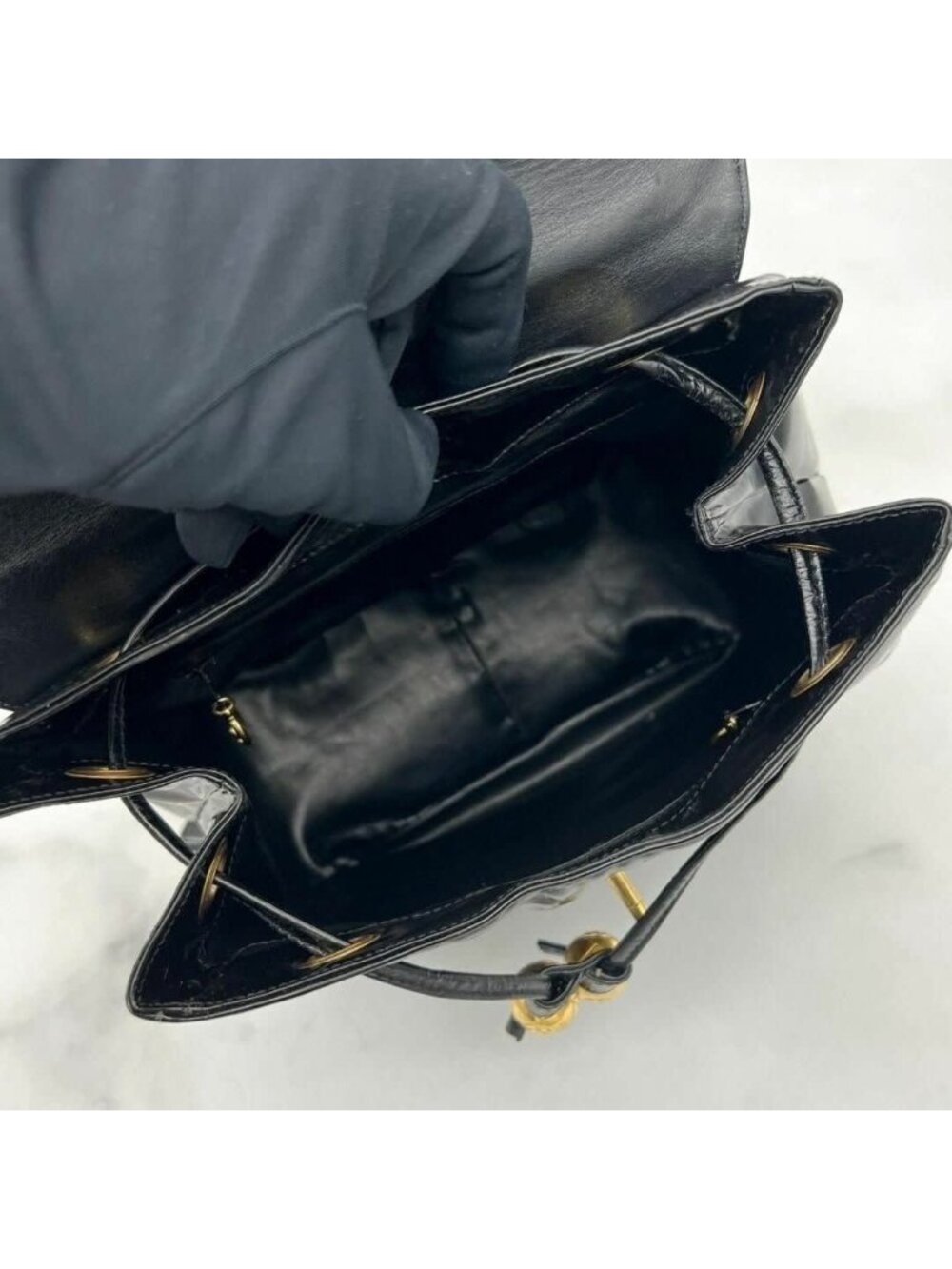 Chanel CC Vintage Backpack Bag Patent Leather Black Turnlock Chain