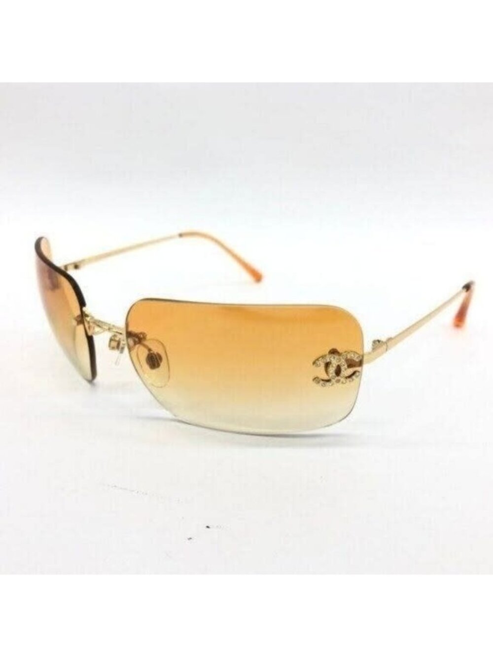 Chanel Vintage Sunglasses Rhinestone CC Logo Rimless Gradient Gold Orange — view 3