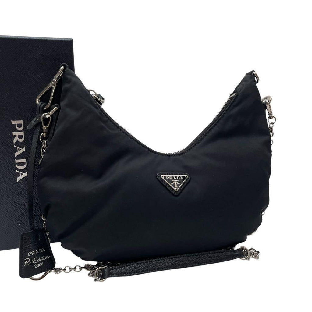 Prada Nylon Leather Chain Shoulder Bag Triangle Plate Logo Black