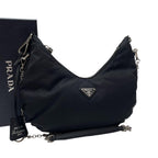 Prada Nylon Leather Chain Shoulder Bag Triangle Plate Logo Black
