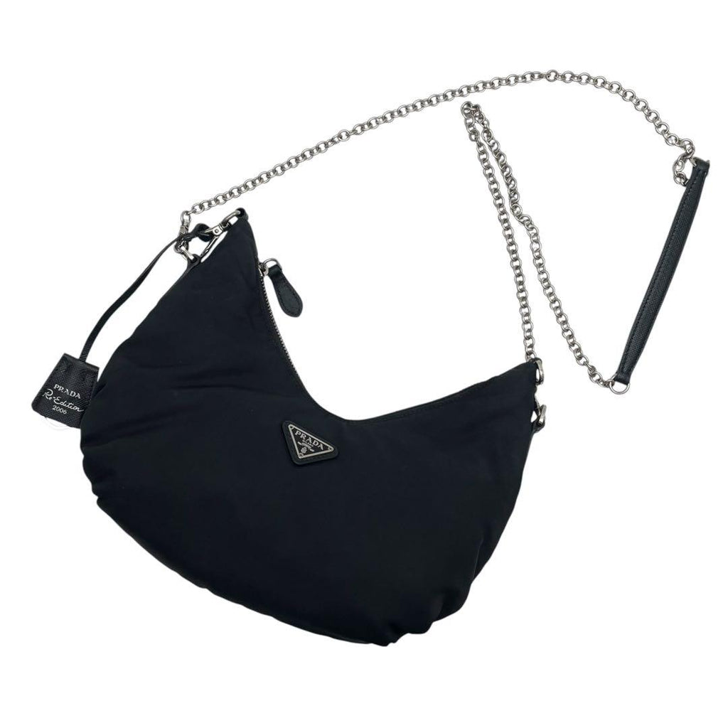 Prada Nylon Leather Chain Shoulder Bag Triangle Plate Logo Black — view 3
