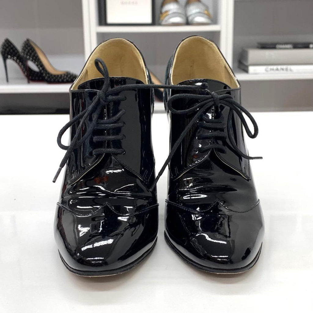 Chanel Patent Coco Mark Lace Up Booties Black — view 4