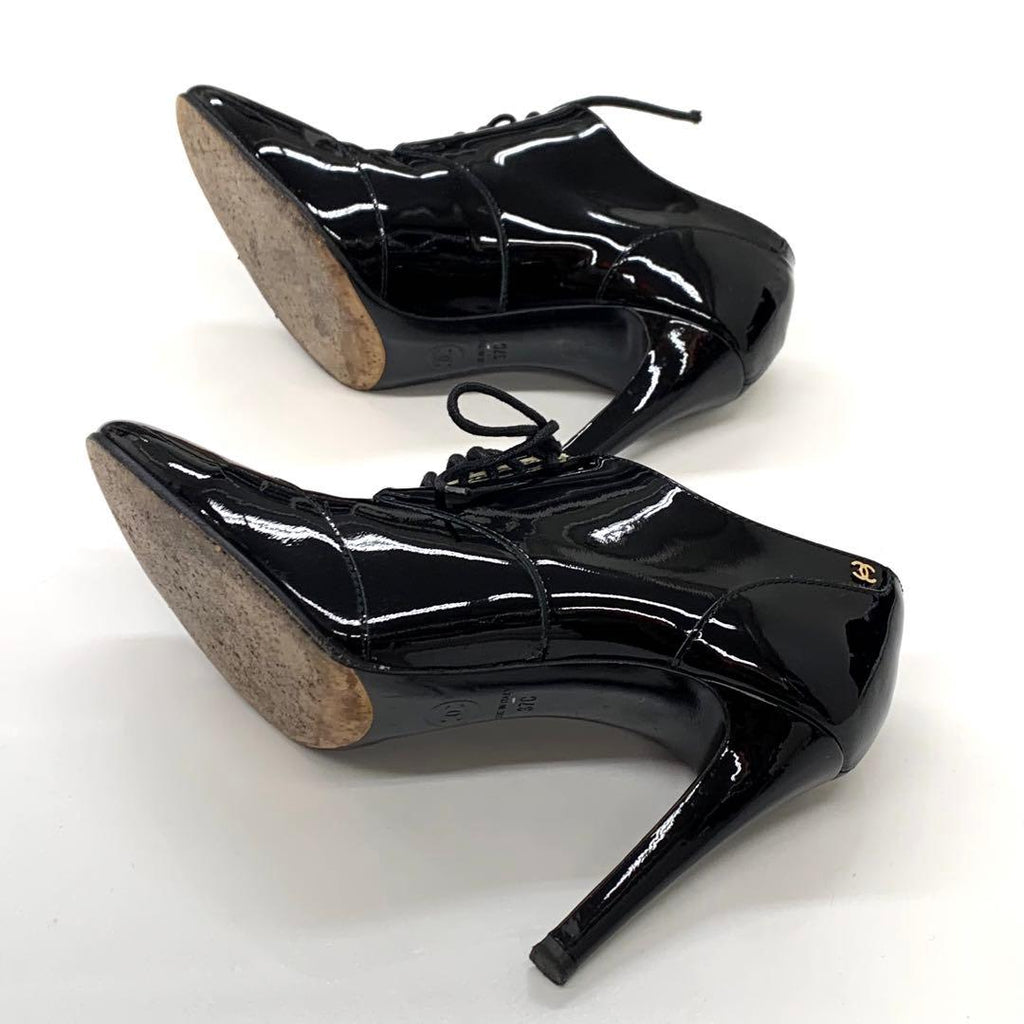 Chanel Patent Coco Mark Lace Up Booties Black — view 7