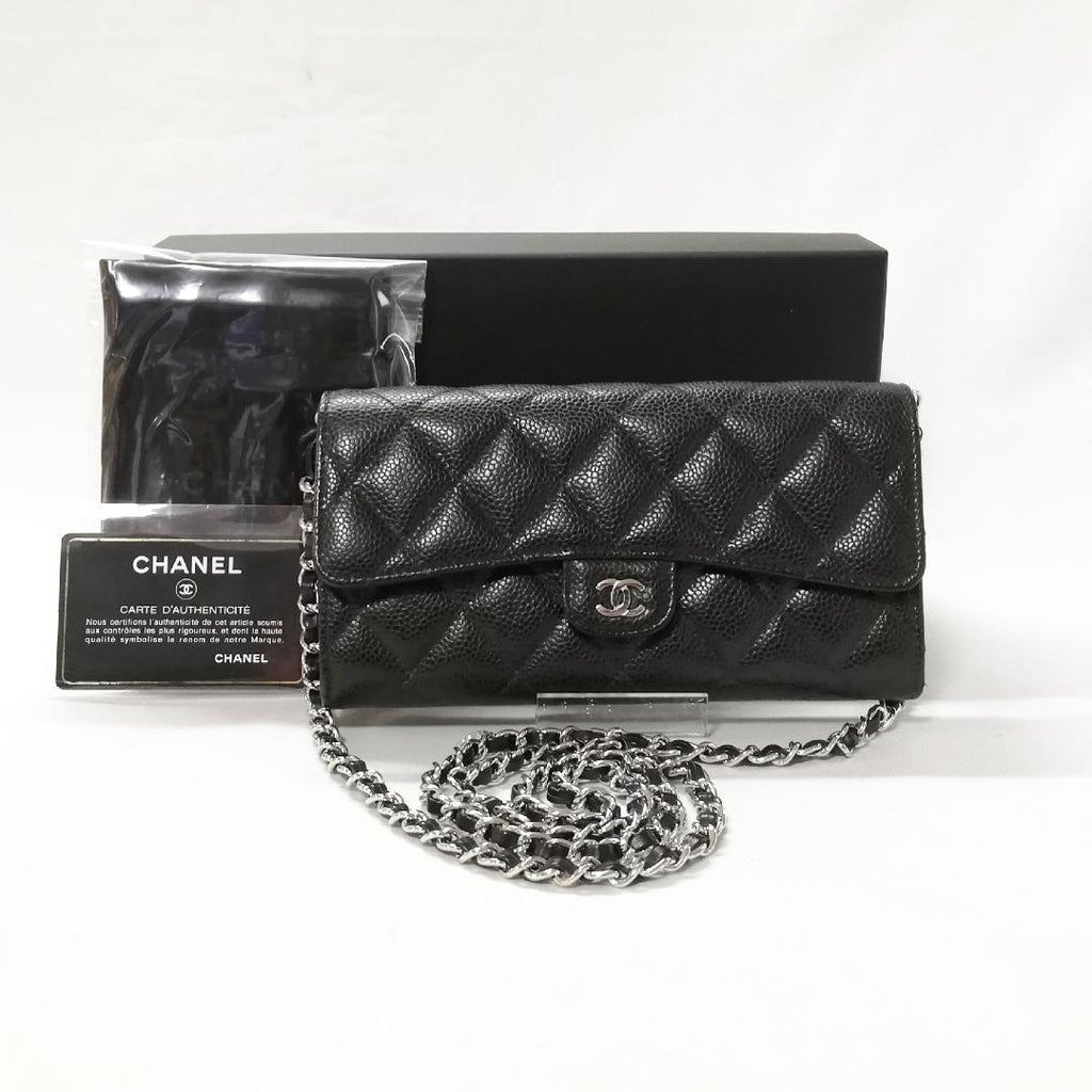 Chanel Caviar Leather Quilted Wallet Black Silver