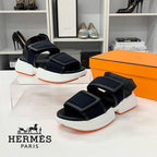 Hermes Geek Mesh Leather Velcro Strap Sandals Black