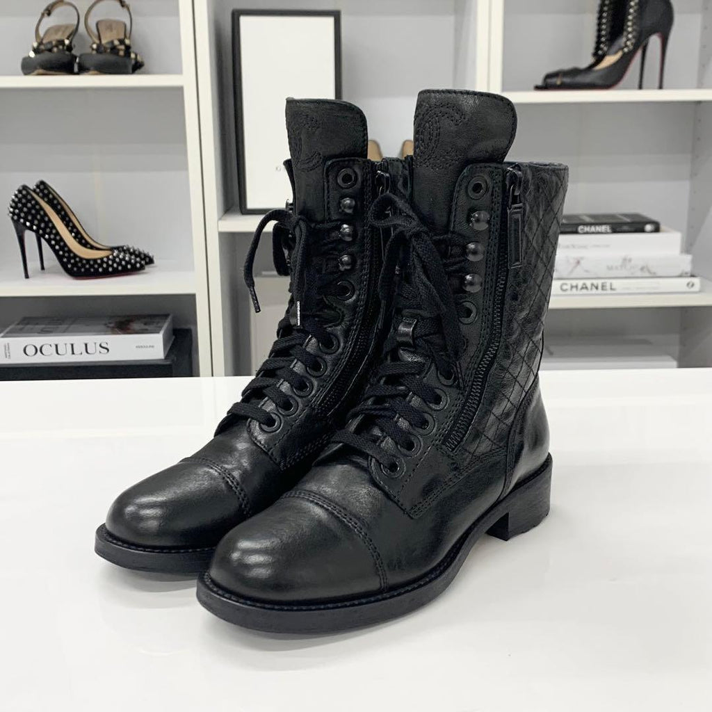Chanel Coco Mark Quilted Leather Logo Short Boots Black — view 3