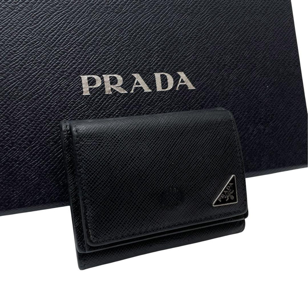 Prada Saffiano Leather Triangle Plate Logo Trifold Wallet Black