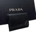 Prada Saffiano Leather Triangle Plate Logo Trifold Wallet Black