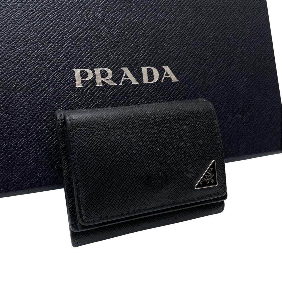 Prada Saffiano Leather Triangle Plate Logo Trifold Wallet Black