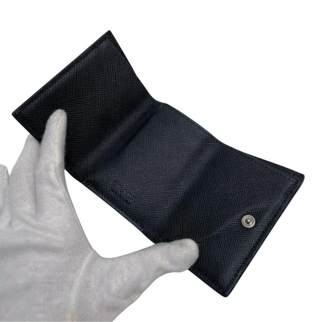 Prada Saffiano Leather Triangle Plate Logo Trifold Wallet Black — view 7