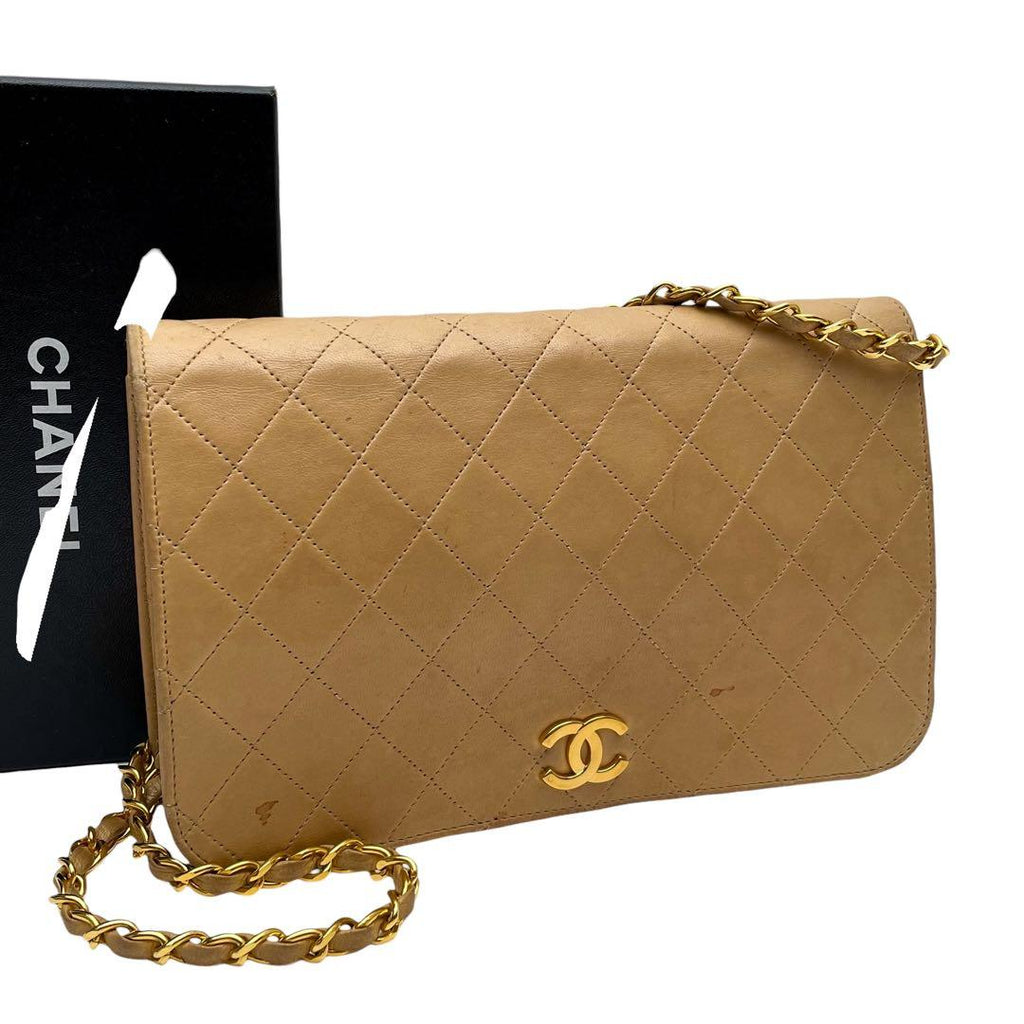 Chanel Quilted Chain Shoulder Bag Lambskin Leather Beige