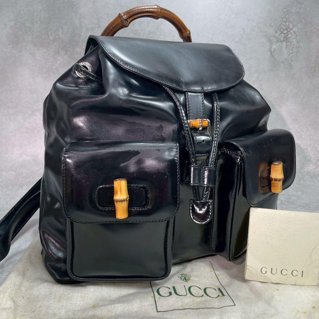 Gucci Backpack Patent Leather Bamboo Black