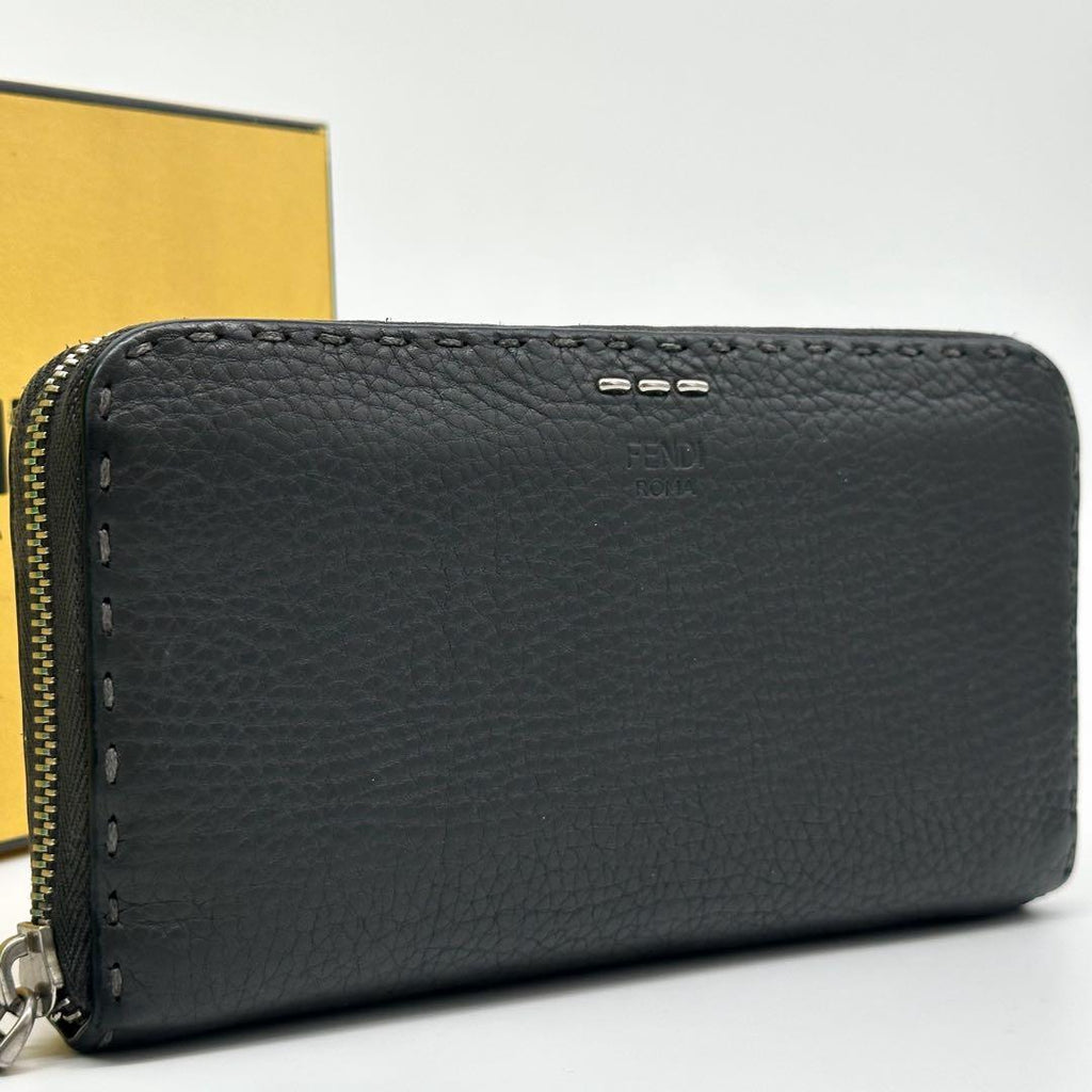 Fendi Selleria Leather Round Zip Wallet Gray