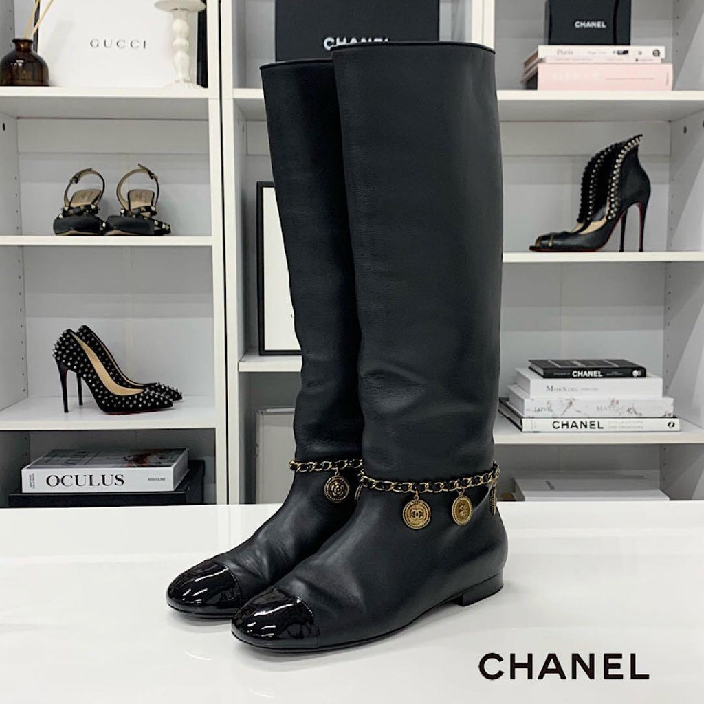 Chanel CC Logo Leather Chain Coin Charm Long Boots Black