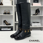 Chanel CC Logo Leather Chain Coin Charm Long Boots Black
