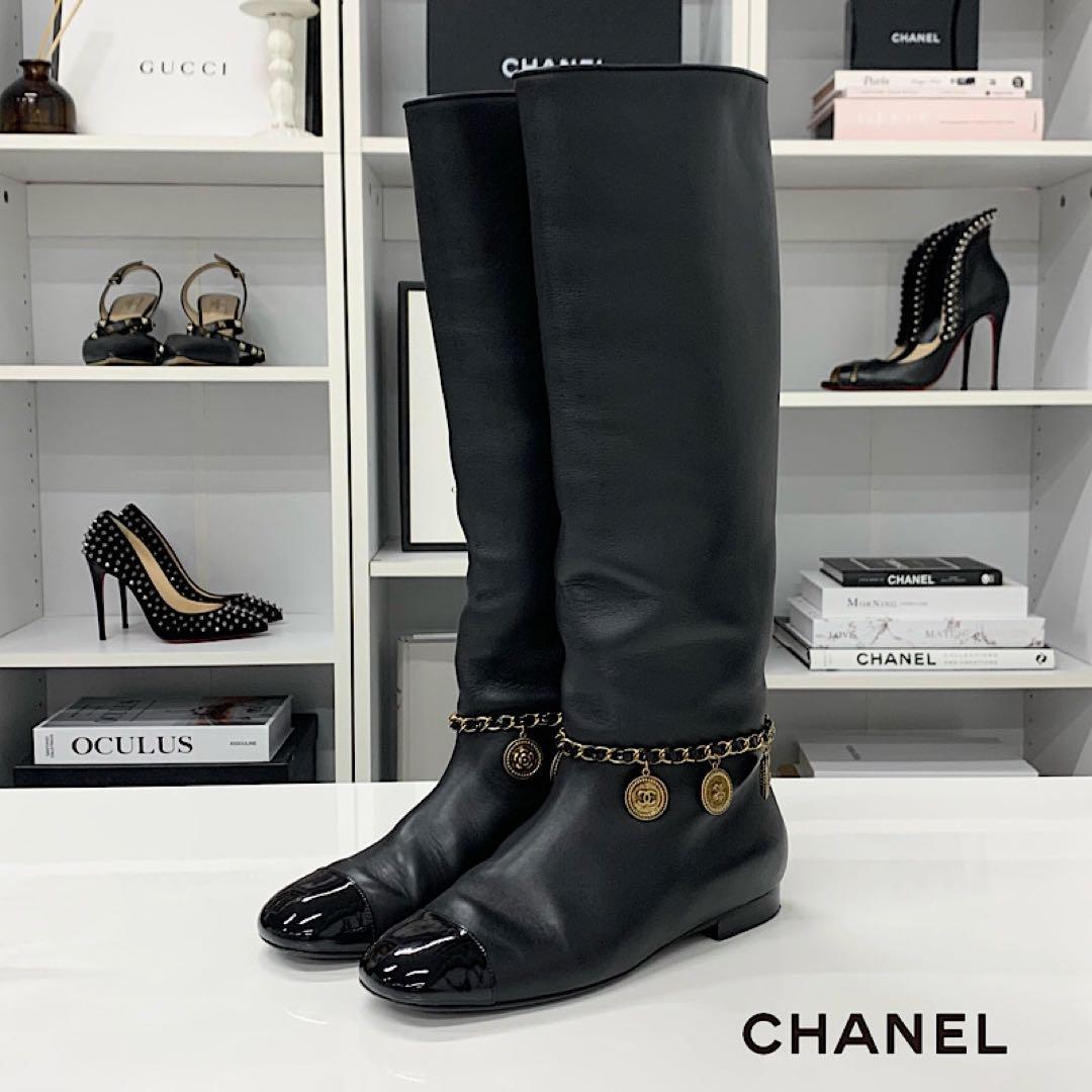 Chanel CC Logo Leather Chain Coin Charm Long Boots Black