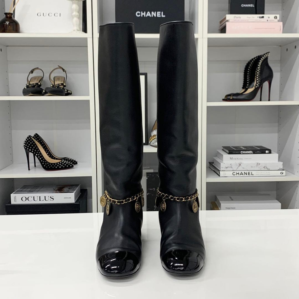 Chanel CC Logo Leather Chain Coin Charm Long Boots Black — view 2