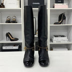 Chanel CC Logo Leather Chain Coin Charm Long Boots Black — view 2