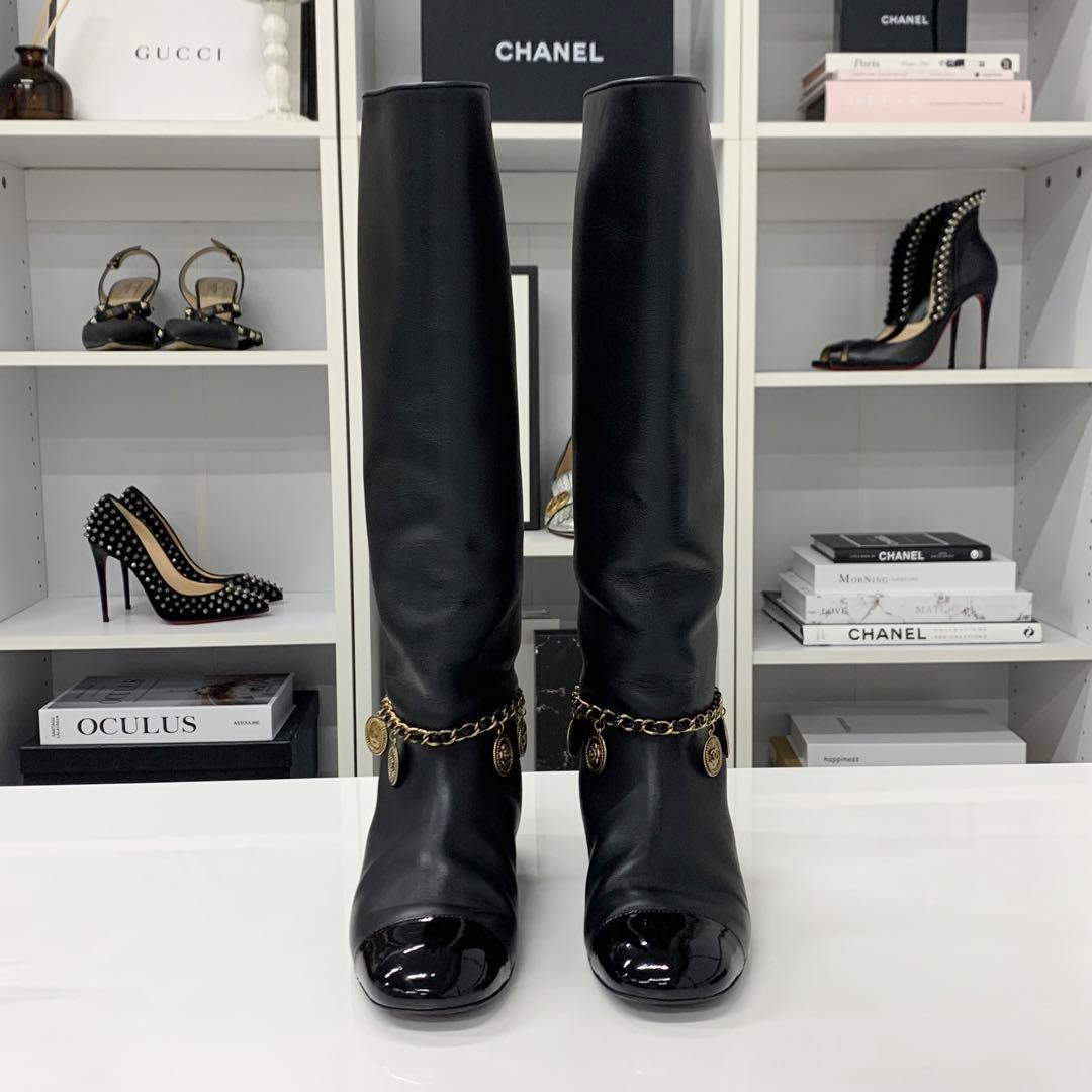 Chanel CC Logo Leather Chain Coin Charm Long Boots Black — view 2
