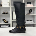 Chanel CC Logo Leather Chain Coin Charm Long Boots Black — view 3