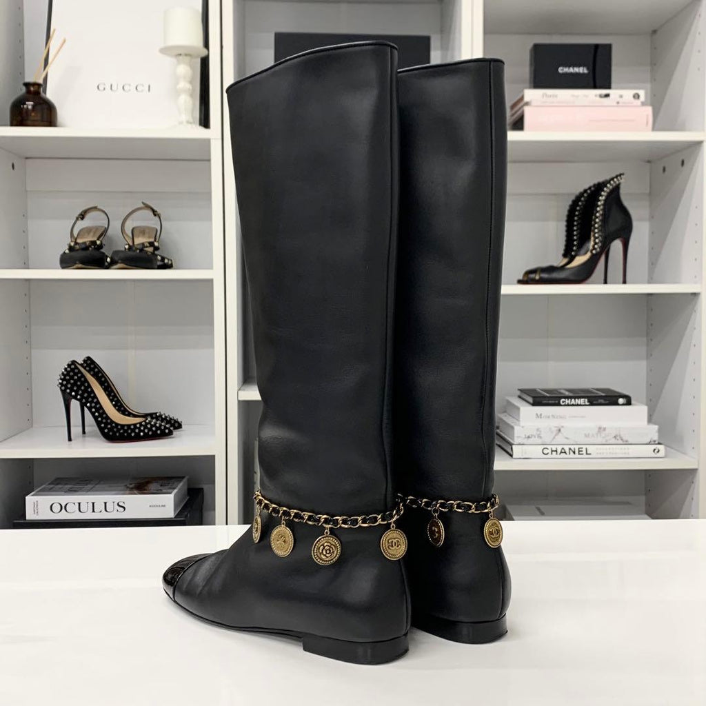 Chanel CC Logo Leather Chain Coin Charm Long Boots Black — view 4